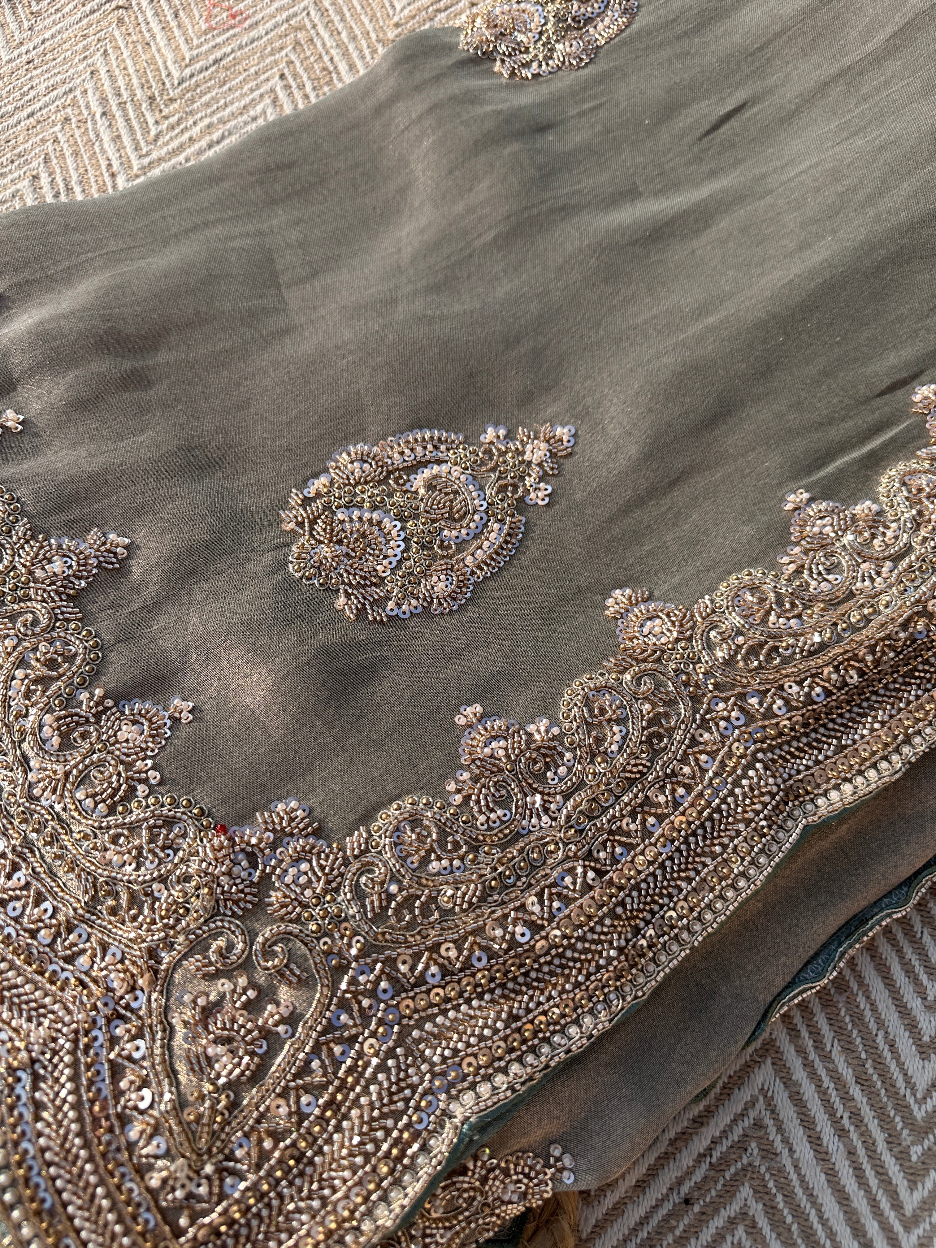 Sky Green Tissue Saree with Unstitched Blouse with Cutwork, Sequins, Cutdana and Dabka Embroidery 2